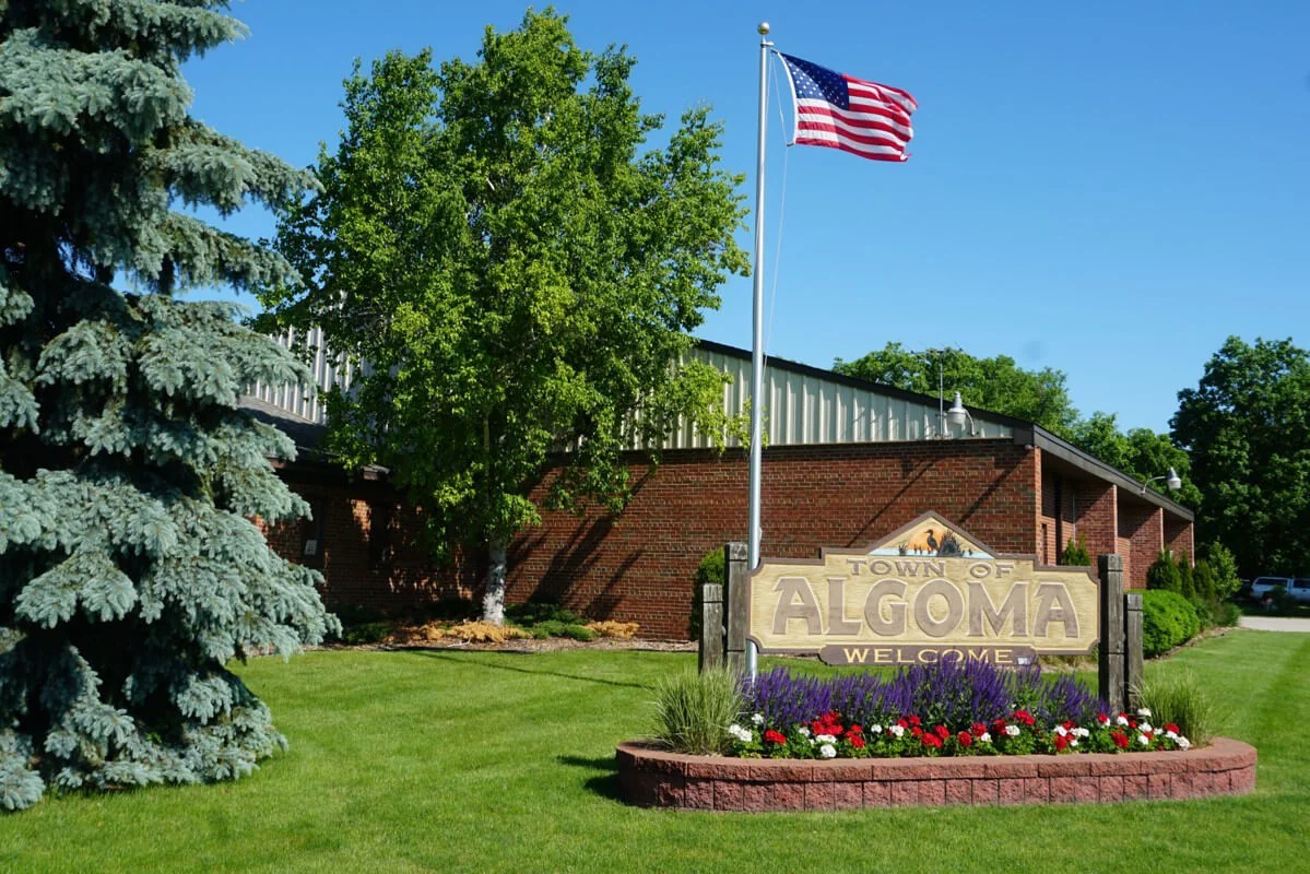 Town of Algoma town hall with flag