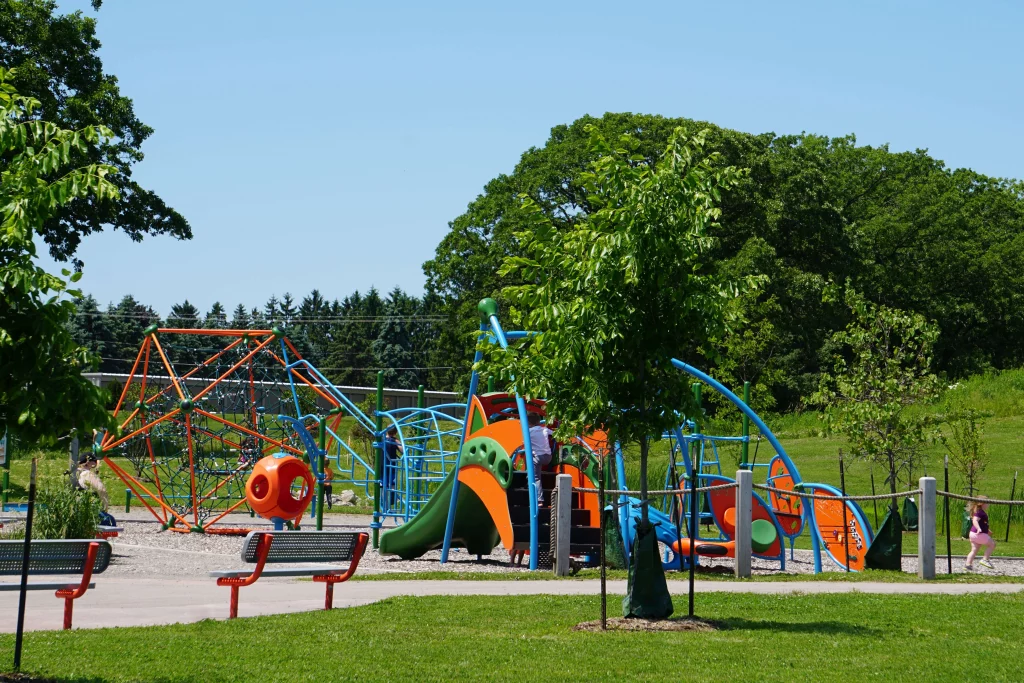 Jones Park playground surrounded by trees and grass
